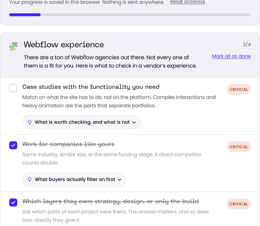 The interactive vetting checklist, showing progress and priority on each check