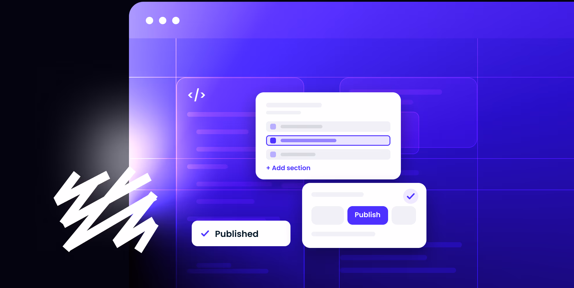 A Sanity Studio with page sections, a Publish button and a Published confirmation
